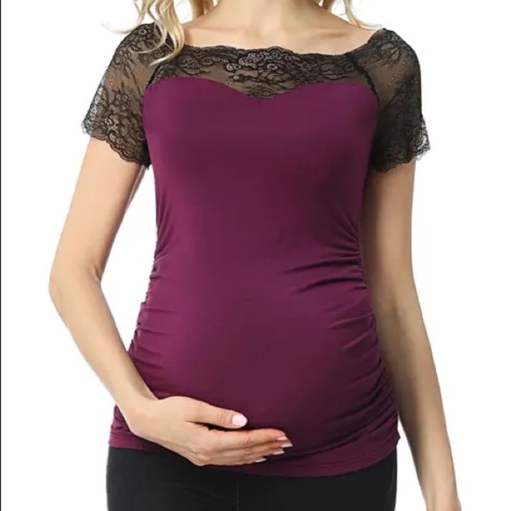 NWT Kimi+Kai maternity lace top Violet/purple/burgundy off the shoulder